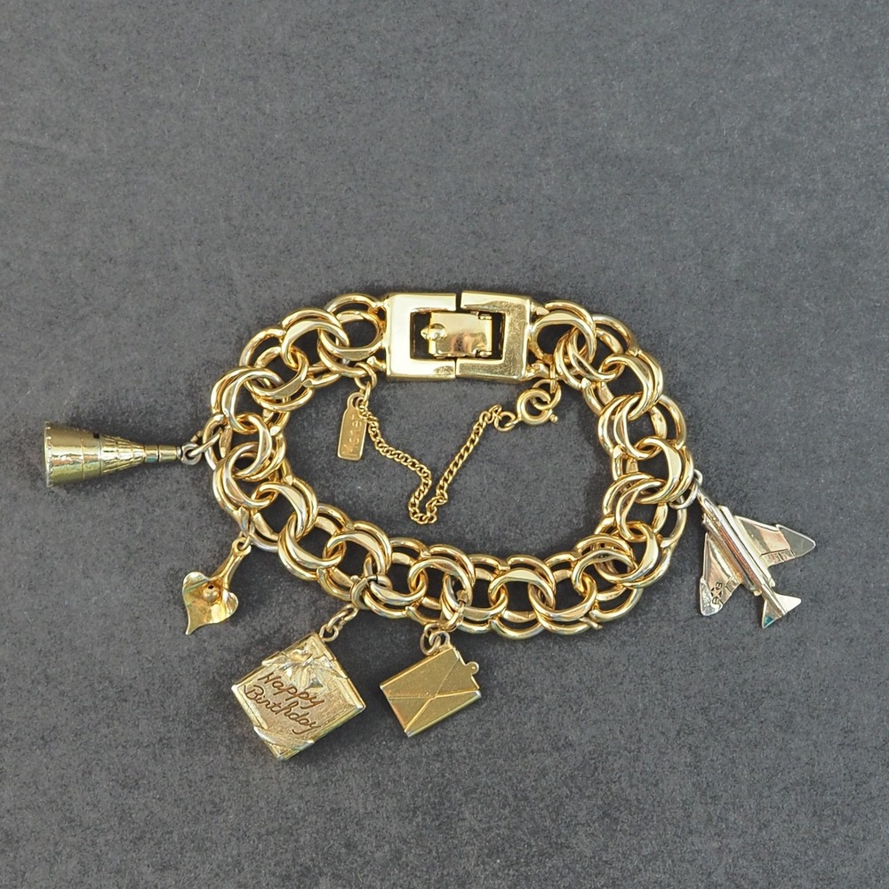 Monet Charm Bracelet Gold Tone Double Link Safety Chain Airplane Birthday VTG
